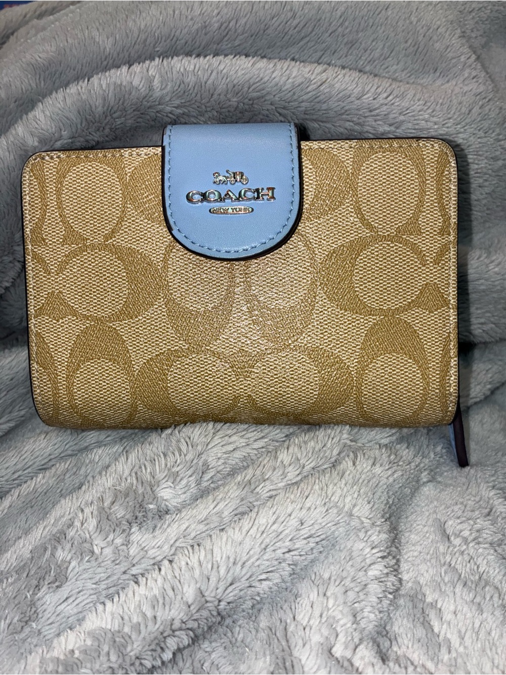 Coach Tan Signature Canvas Wallet with Light Blue Snap